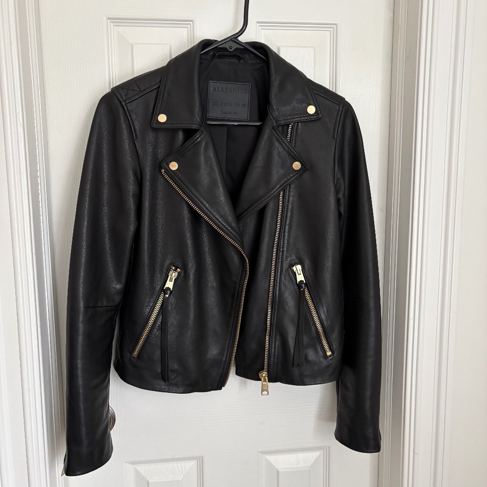 All Saints Dalby Leather Biker Jacket Gold Hardware - Picture 2 of 9